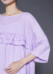 Plus Size Light Purple Ruffled Patchwork Cotton Dress Bracelet Sleeve