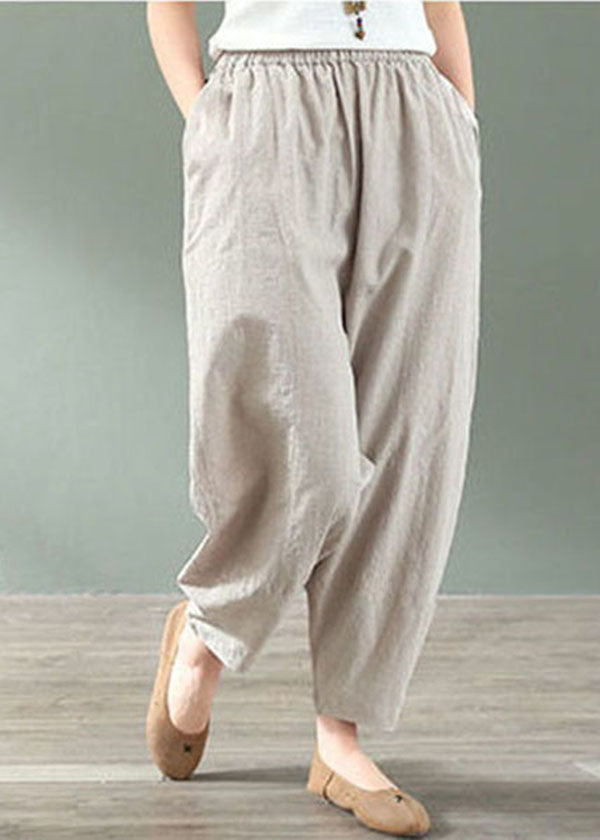 Plus Size Linen Colour Elastic Waist Pockets Linen Crop Pants Summer