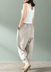 Plus Size Linen Colour Elastic Waist Pockets Linen Crop Pants Summer