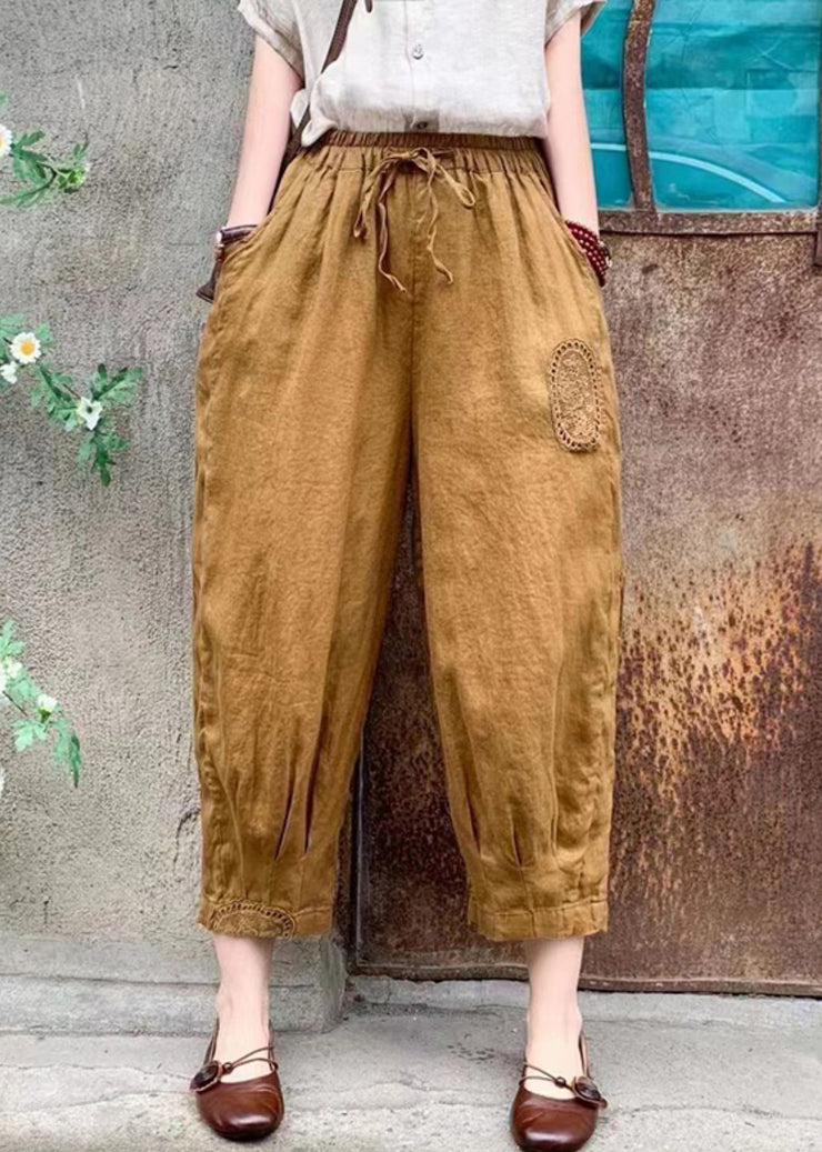 Plus Size Linen Lace Up Elastic Waist Linen Crop Pants Summer
