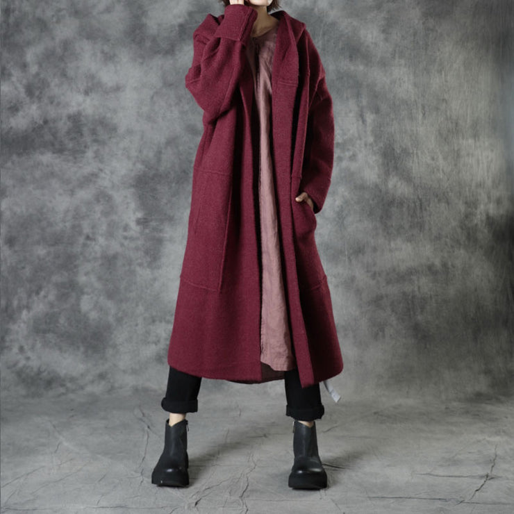 Plus Size Mulberry Loose Pockets Fall Hooded  Long Sleeve Sweaters Coat