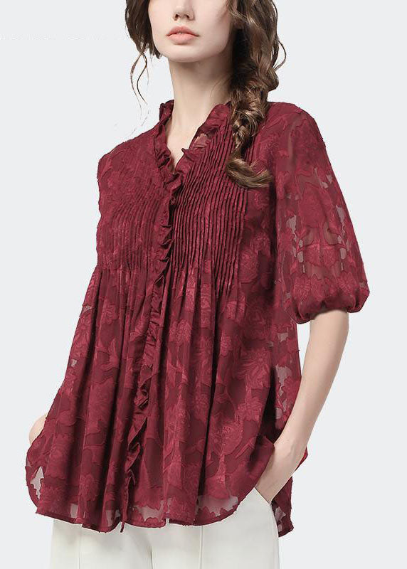 Plus Size Mulberry Ruffled Wrinkled Lace Shirt Tops Fall