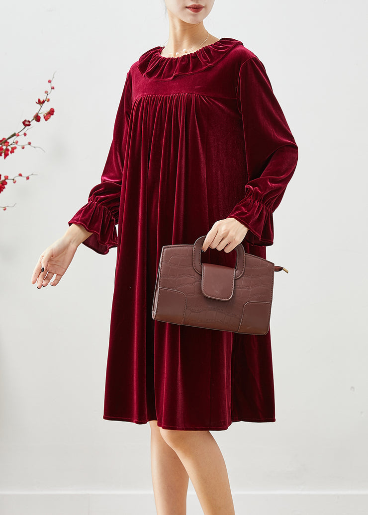Plus Size Mulberry Ruffled Wrinkled Silk Velour Robe Dresses Fall