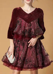 Plus Size Mulberry Pailletten Tüll besticktes Velours Minikleid Winter