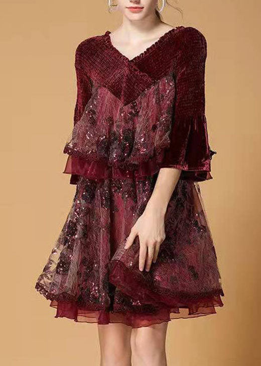 Plus Size Mulberry Sequins Tulle Embroidered Velour Mini Dress Winter