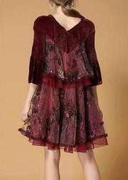 Plus Size Mulberry Sequins Tulle Embroidered Velour Mini Dress Winter