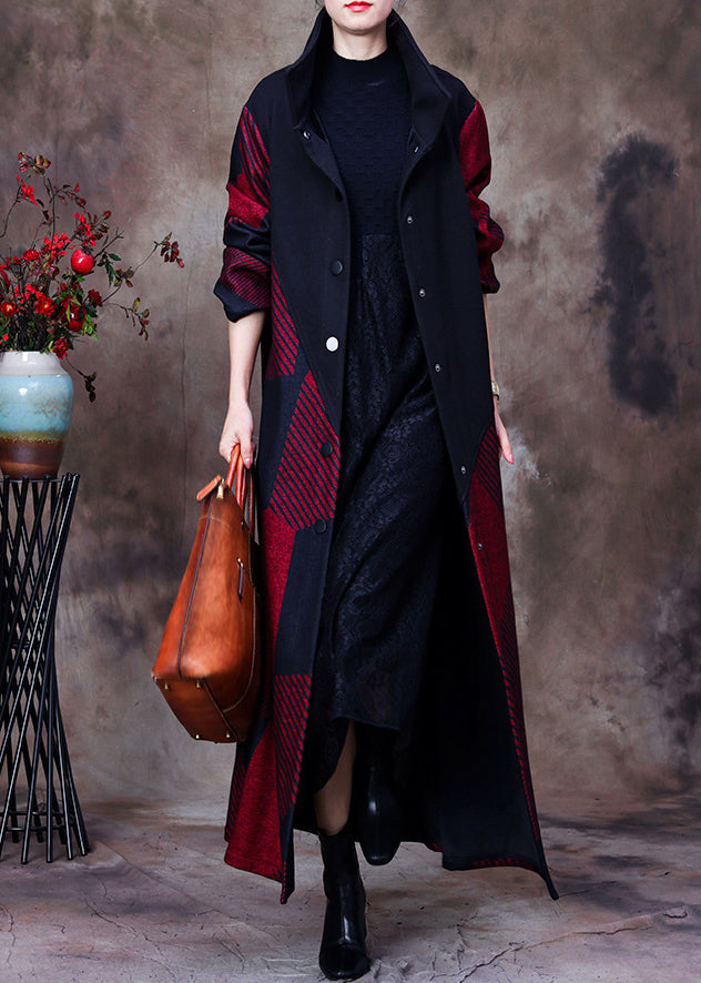 Plus Size Mulberry Stand Collar Asymmetrical Patchwork Button Woolen Maxi Coat Long Sleeve