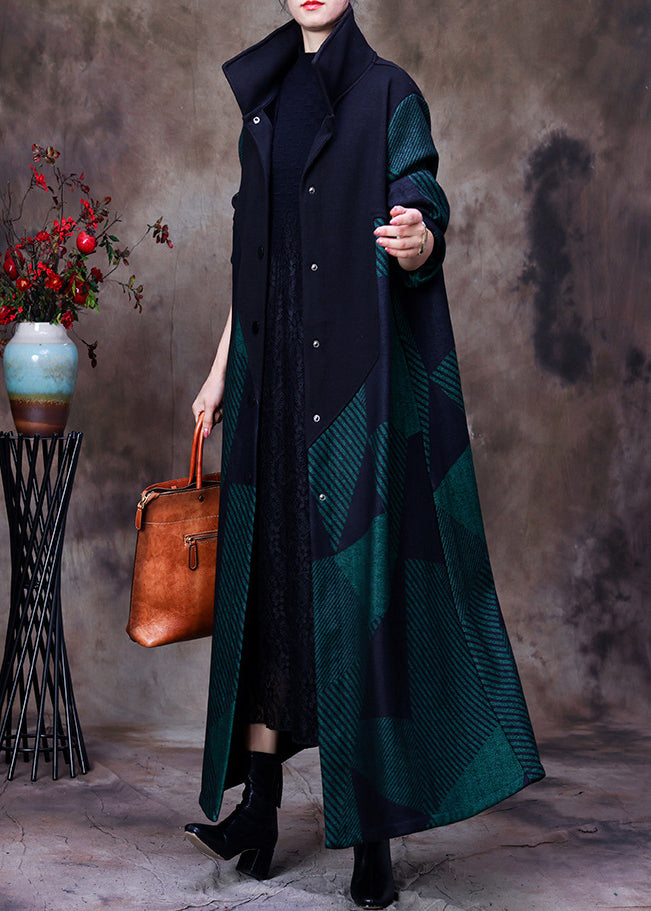 Plus Size Mulberry Stand Collar Asymmetrical Patchwork Button Woolen Maxi Coat Long Sleeve
