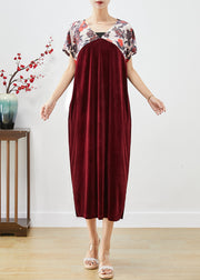 Plus Size Mulberry V Neck Patchwork Silk Velour Party Dress Short Sleeve