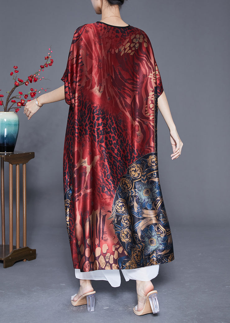 Plus Size Mulberry V Neck Print Silk Long Dress Summer