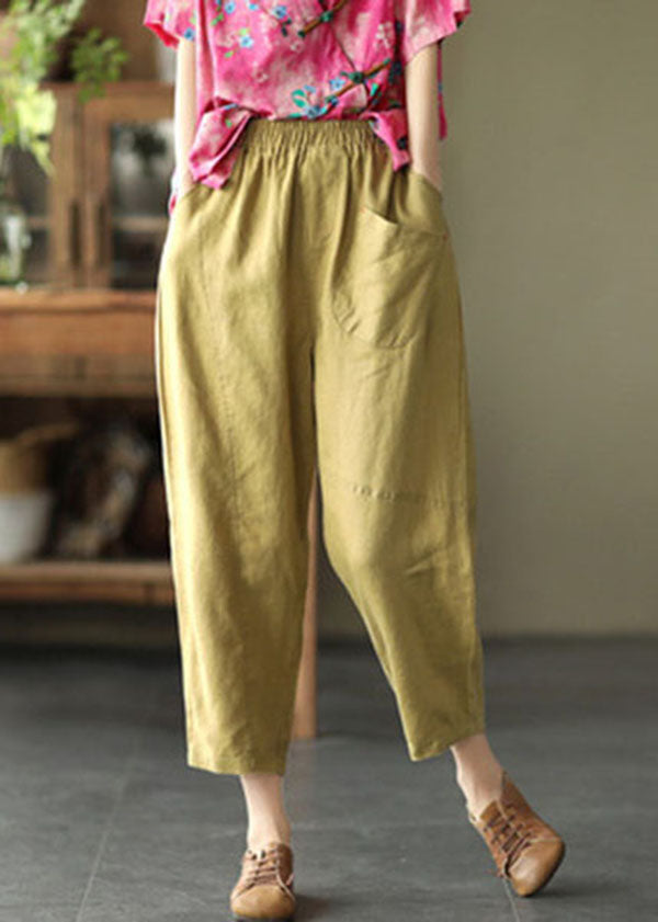 Plus Size Mustard Yellow Elastic Waist Pockets Linen Harem Pants Summer