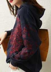 Plus Size Navy Blue Embroidered Hooded Coats Long Sleeve