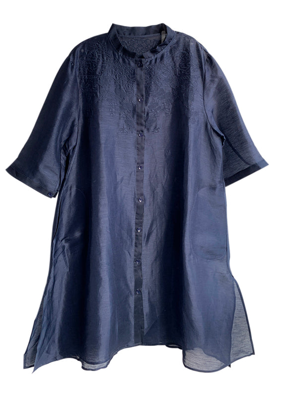 Marineblaue Blusen mit bestickten Knöpfen in Übergröße Dreiviertelärmel