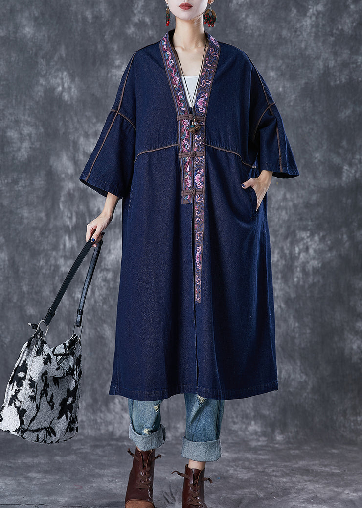 Plus Size Navy Embroidered Chinese Button Denim Trench Fall