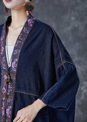 Plus Size Navy Embroidered Chinese Button Denim Trench Fall