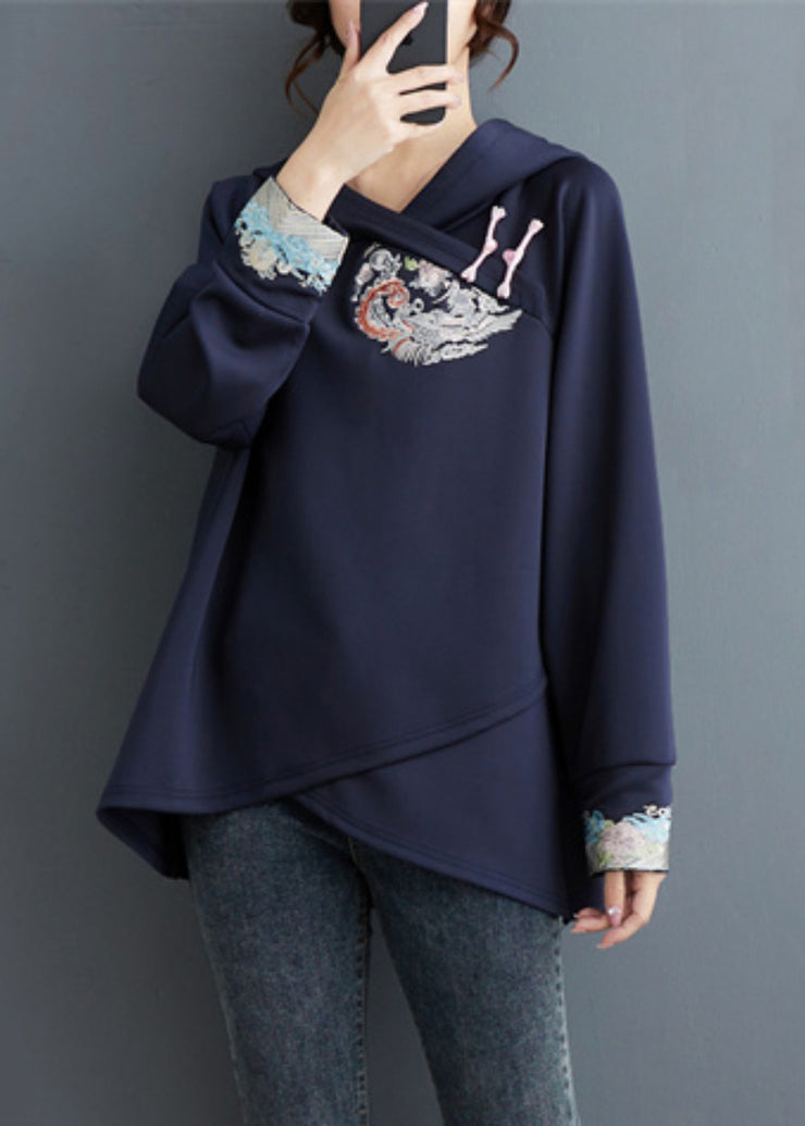 Plus Size Navy Embroidered Patchwork Cotton Sweatshirt Tops Spring