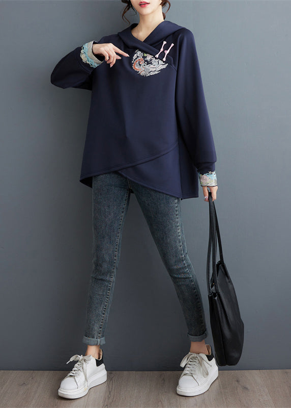 Plus Size Navy Embroidered Patchwork Cotton Sweatshirt Tops Spring