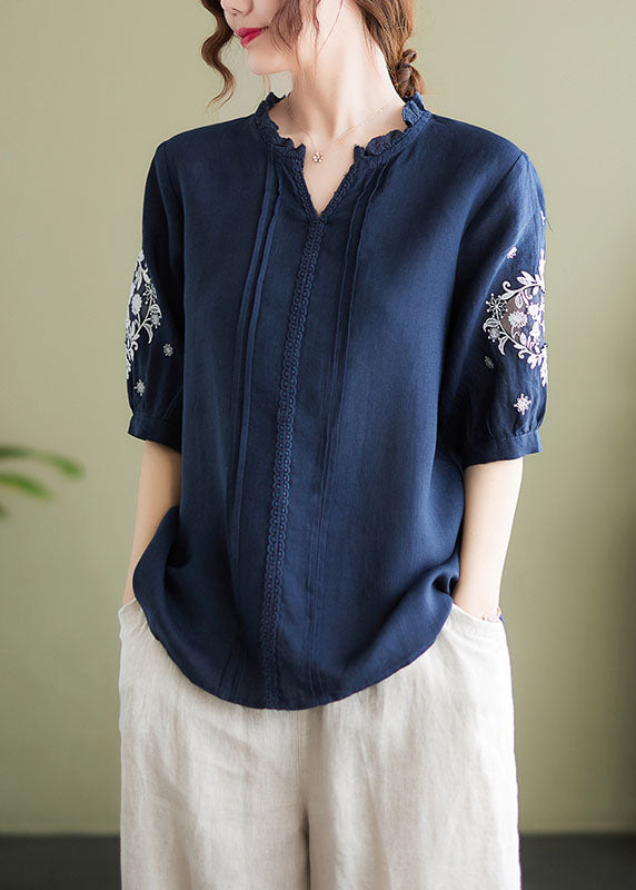 Plus Size Navy Embroidered Patchwork Wrinkled Linen Shirts Summer