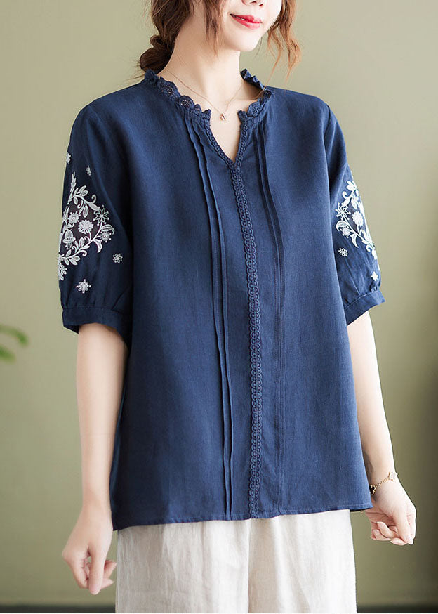 Plus Size Navy Embroidered Patchwork Wrinkled Linen Shirts Summer