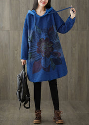 Plus Size Navy Hooded print Patchwork side open Dress Spring