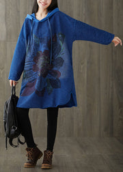 Plus Size Navy Hooded print Patchwork side open Dress Spring