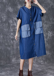 Plus Size Navy Oversized Patchwork Pockets Denim Maxi Dresses Summer