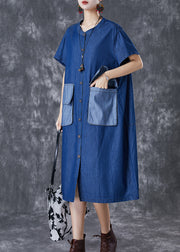 Plus Size Navy Oversized Patchwork Pockets Denim Maxi Dresses Summer