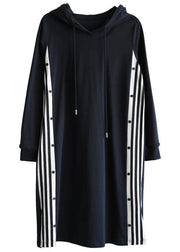 Plus Size Navy Patchwork Cotton hooded Dresses - SooLinen