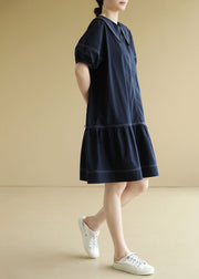 Plus Size Navy Peter Pan Collar Patchwork Cotton Mid Dress Short Sleeve