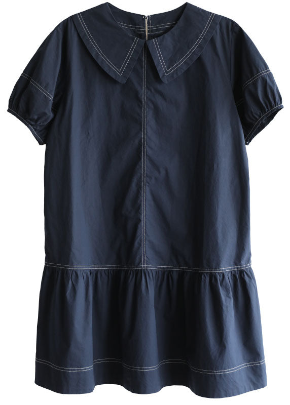 Plus Size Navy Peter Pan Collar Patchwork Cotton Mid Dress Short Sleeve