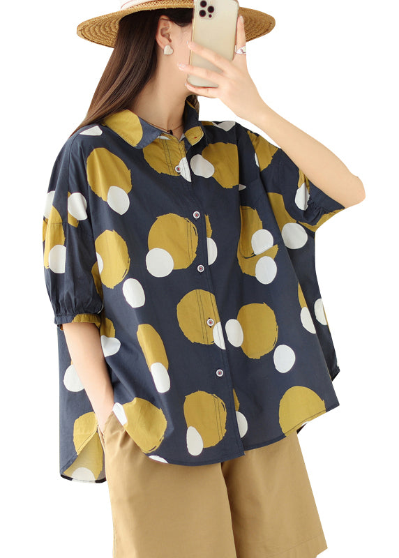 Plus Size Navy Peter Pan Collar Print Cotton Shirt Tops Summer