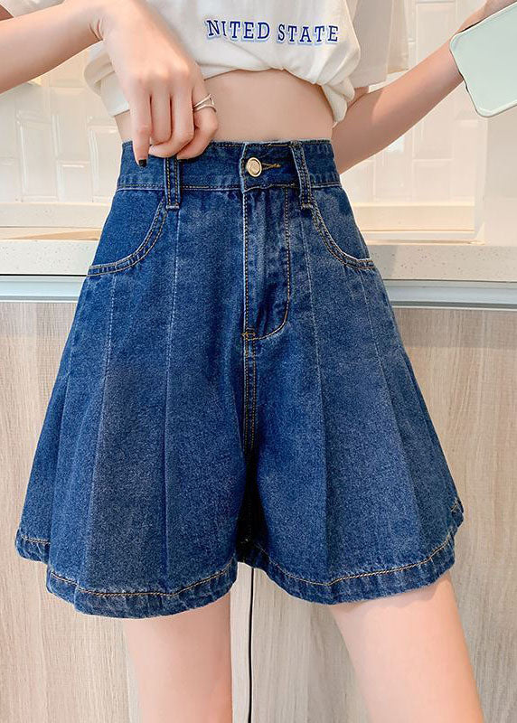 Plus Size Navy Pockets Denim Cotton Loose Pleated Shorts Summer