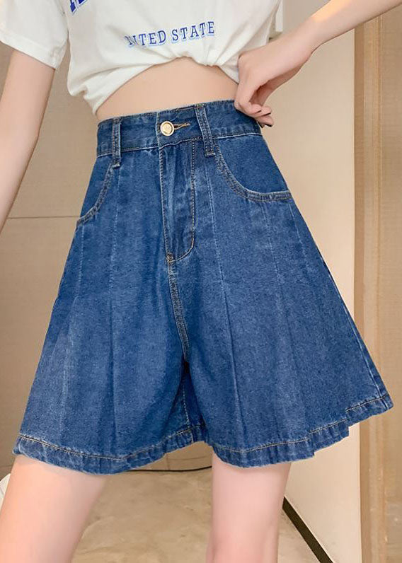 Plus Size Navy Taschen Denim Cotton Loose Plissee Shorts Summer