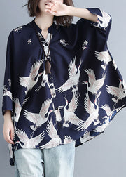Plus Size Navy Stand Collar Oversized Print Chiffon Top Batwing Sleeve