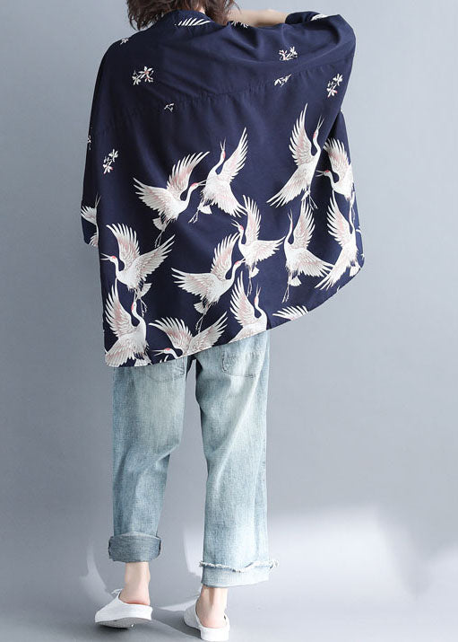 Plus Size Navy Stand Collar Oversized Print Chiffon Top Batwing Sleeve
