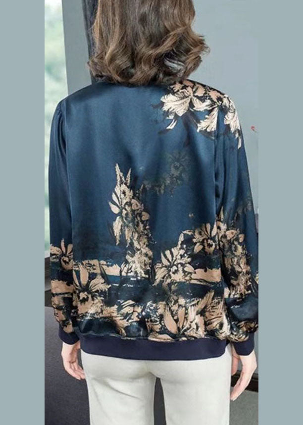 Plus Size Navy Stand Collar Zip Up Print Silk Coat Outwear Fall