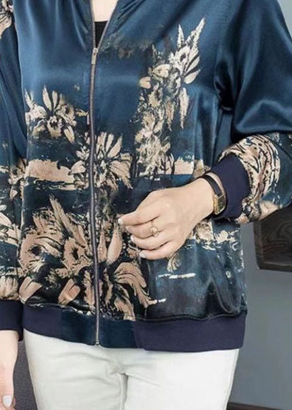 Plus Size Navy Stand Collar Zip Up Print Silk Coat Outwear Fall