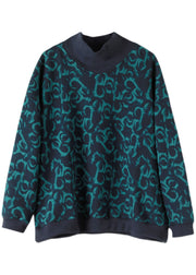 Plus Size Navy Turtle Neck Print Warm Fleece Sweatshirts Top Spring
