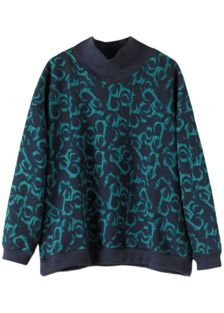 Plus Size Navy Turtle Neck Print Warme Fleece-Sweatshirts Top Spring