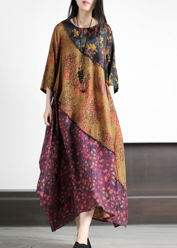 Plus Size O-Neck Asymmetrical Print Silk Long Dresses Spring