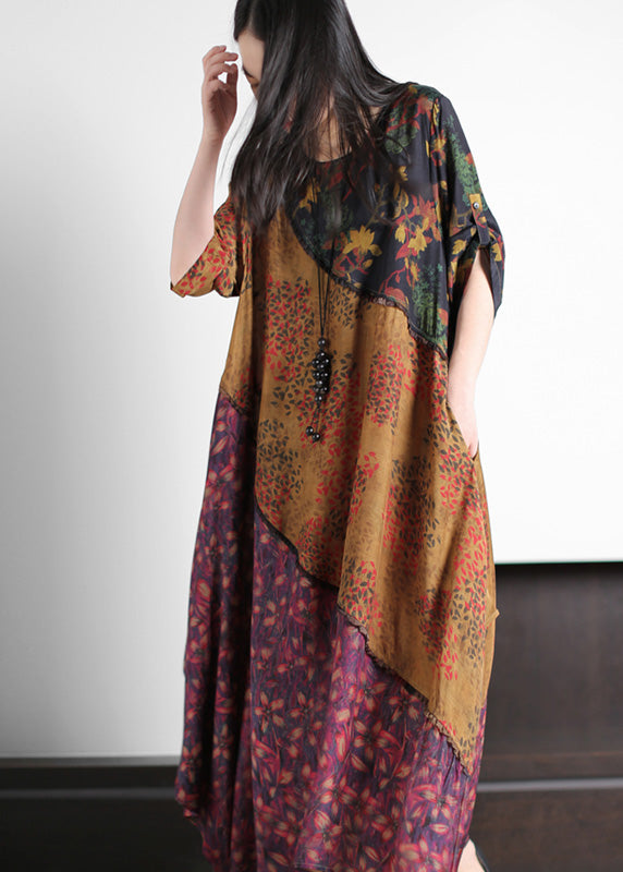 Plus Size O-Neck Asymmetrical Print Silk Long Dresses Spring
