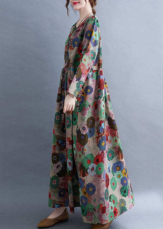 Plus Size O-Neck Print Geknittertes langes Kleid mit extra großem Saum Frühling