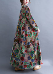 Plus Size O-Neck Print Geknittertes langes Kleid mit extra großem Saum Frühling