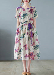 Plus Size O-Neck Print wrinkled Linen Long Dress Short Sleeve