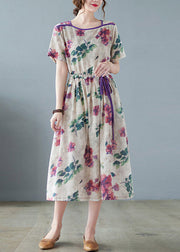 Plus Size O-Neck Print wrinkled Linen Long Dress Short Sleeve