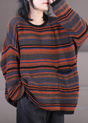 Plus Size O-Neck Thick Striped Pockets Knit Sweater Long Sleeve