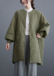 Plus Size Olive Green Button Pockets Cotton Filled Parka Batwing Sleeve