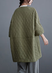 Plus Size Olive Green Button Pockets Cotton Filled Parka Batwing Sleeve