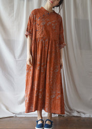 Plus Size Orange Button wrinkled Cotton Long Dress Half Sleeve