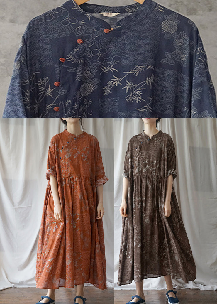 Plus Size Orange Knopf zerknittertes langes Kleid aus Baumwolle mit halben Ärmeln